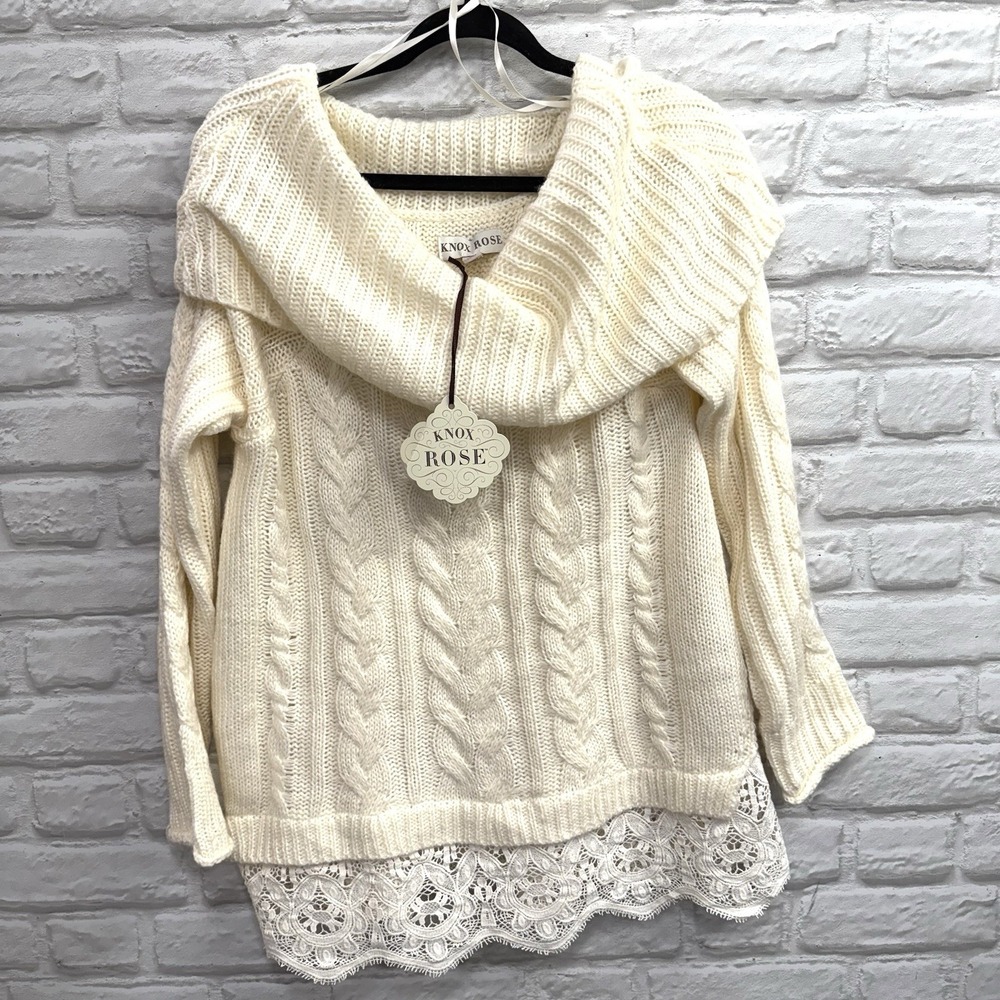 Croquette Oversized Cable Knit Cowl Neck Tunic Sweater Lace Boho Ivory Warm XL